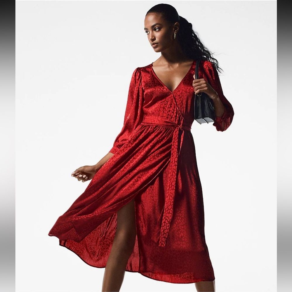 Michael Kors Womens Red Satin Subtle Cheetah Jacquard Midi Wrap Dress Size S NWT